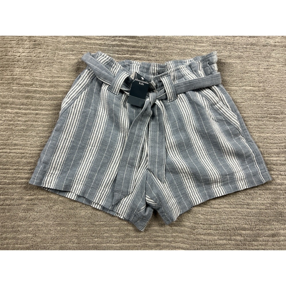 New Abercrombie Kids Shorts Girls 11/12 Blue‎ Striped Paperbag Waist Belted NWT